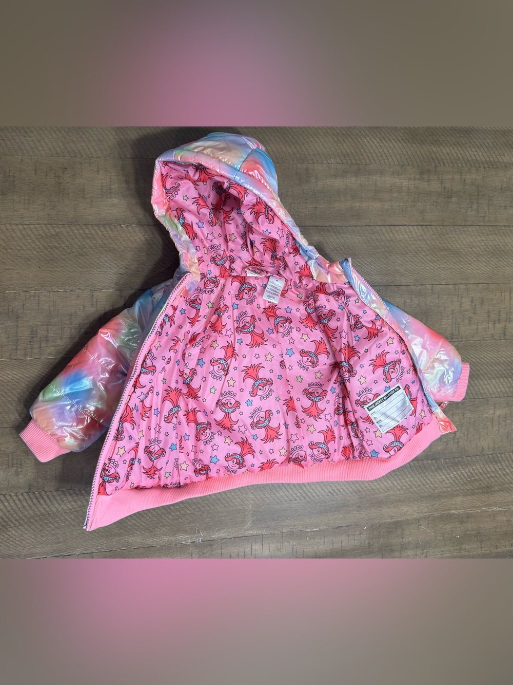 Trolls Toddler Girl Iridescent Puffer Jacket with Hood & Poppy Embellishment|2T - Picture 4 of 5